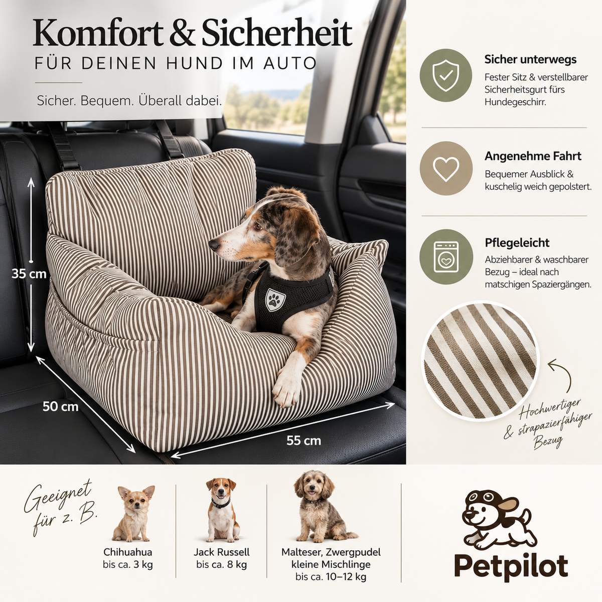 Premium Hunde Autositz mit Sicherheitsgurt