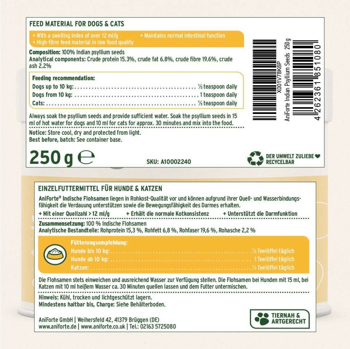 AniForte® Indische Flohsamen für Hunde & Katzen – 250 g