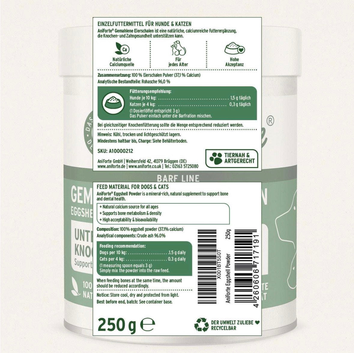 AniForte® Gemahlene Eierschalen – Calcium für Hunde, 250 g