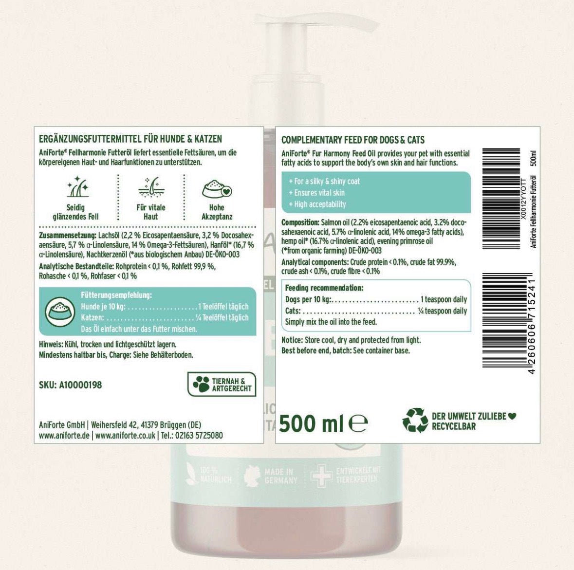 AniForte® Fellharmonie Futteröl für Hunde & Katzen – 500 ml