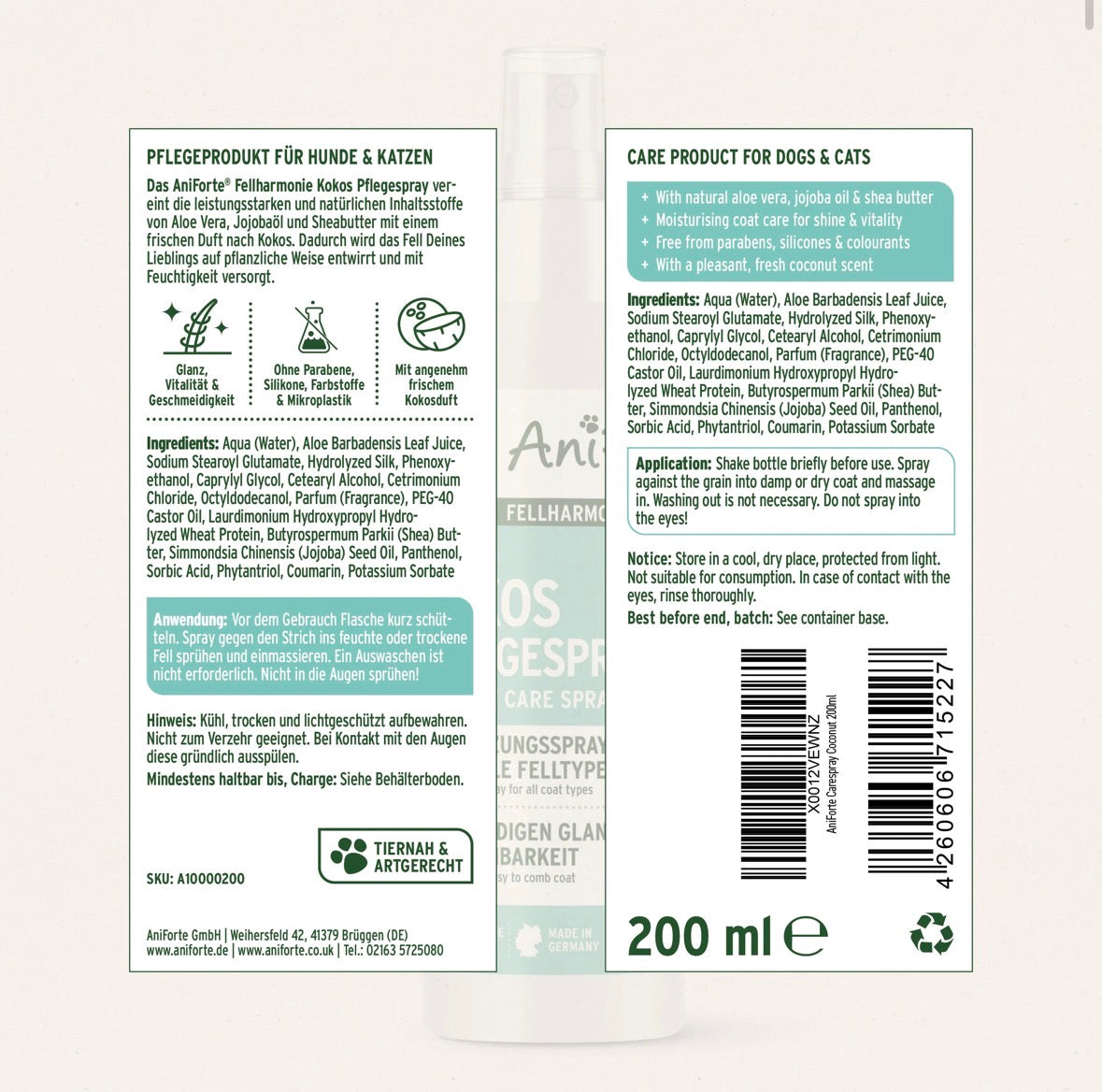 AniForte® Fellharmonie Pflegespray Kokos – Entfilzung & Kämmhilfe - 200 ml