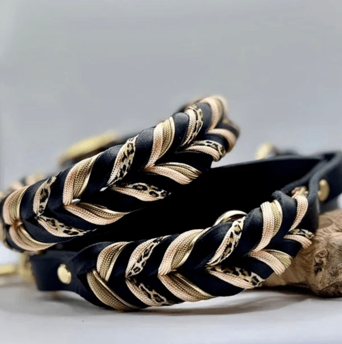 Hundehalsband „Leo Schwarz-Gold“ – handgeflochten aus Fettleder & Paracord