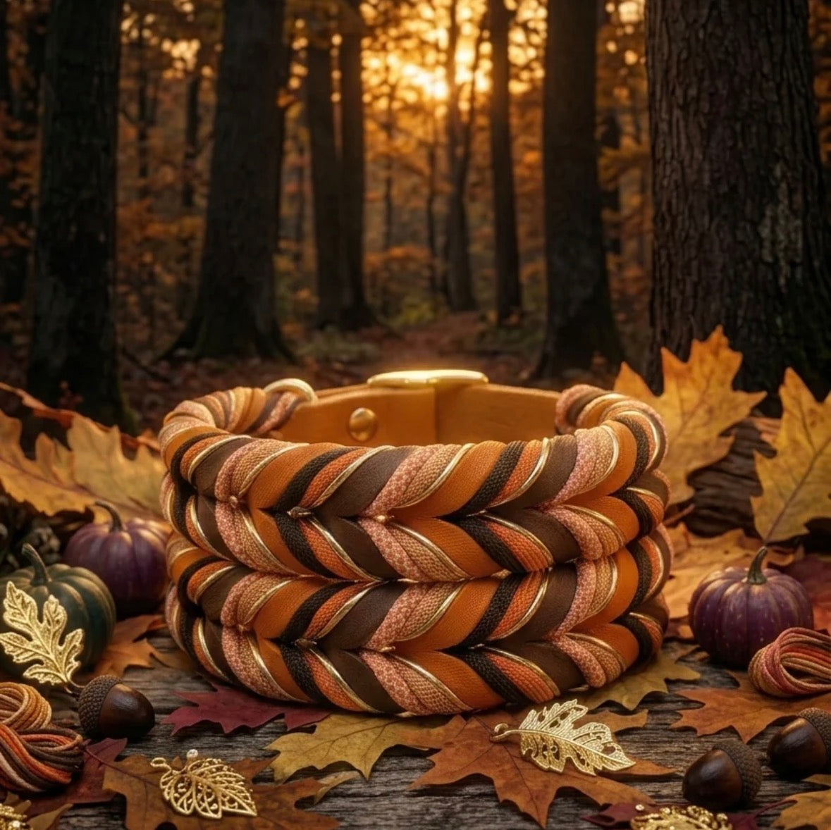 Hundehalsband „Golden Leaf“ – handgeflochten aus Fettleder & Paracord