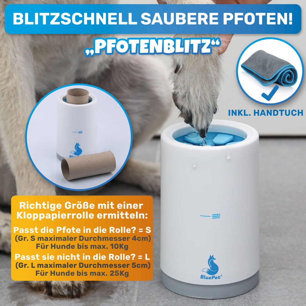 PfotenBlitz – Pfotenreiniger für Hunde mit Mikrofaser-Handtuch