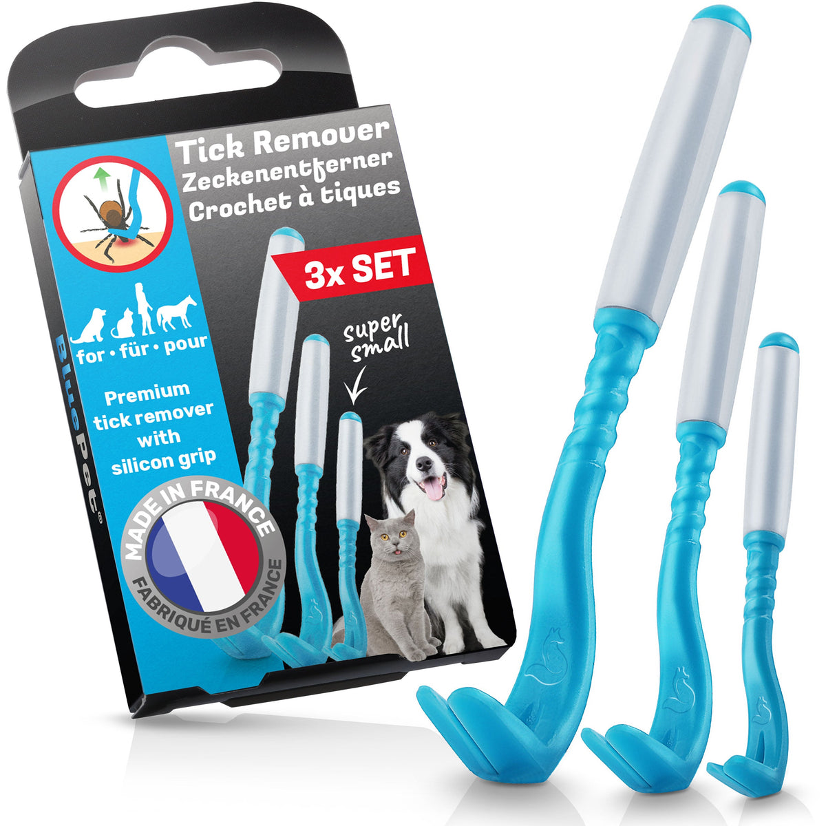 Premium Zeckenhaken 3er-Set mit Silikongriff – BluePet