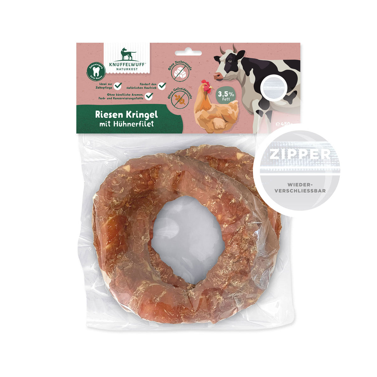 Knuffelwuff 2x Riesen Kringel mit Hühnerfilet ca. 225g - Premium Hundesnack mit Hähnchenfleisch und Rinderrohhaut, 450g