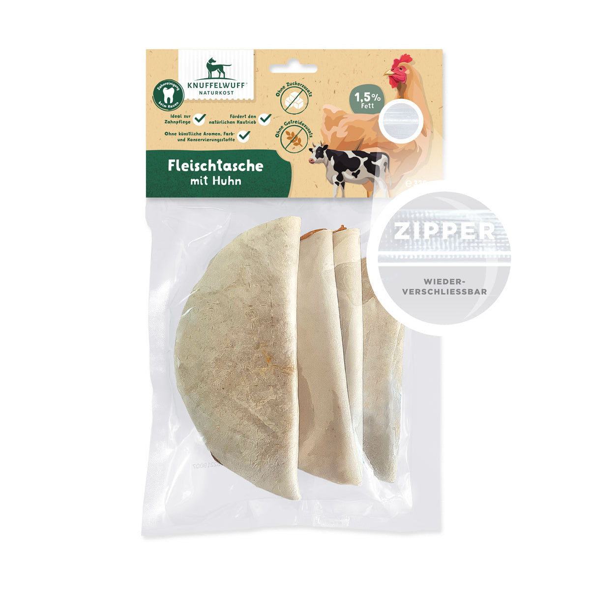 Knuffelwuff 4x große Fleischtaschen ca. 80g - Premium Hundesnack aus Hähnchenfleisch und Rinderrohhaut, 320g