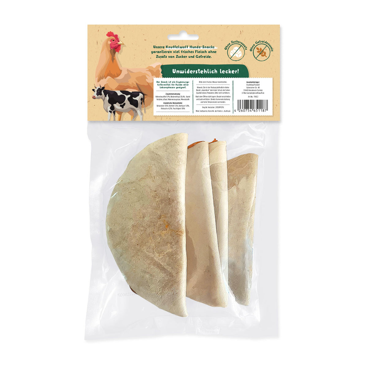 Knuffelwuff 4x große Fleischtaschen ca. 80g - Premium Hundesnack aus Hähnchenfleisch und Rinderrohhaut, 320g