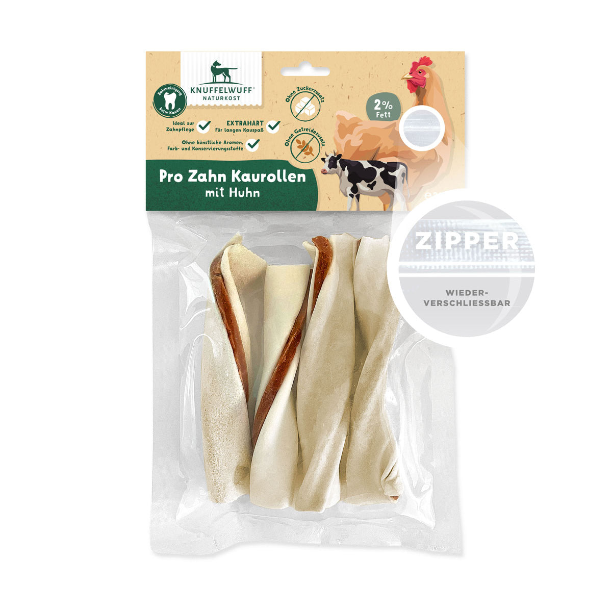 Knuffelwuff 4x Pro Zahn Kaurolle ca. 60g - Premium Hundesnack aus Hähnchenfleisch und Rinderrohhaut, 240g