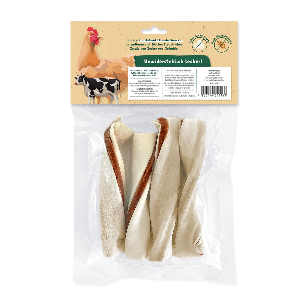 Knuffelwuff 4x Pro Zahn Kaurolle ca. 60g - Premium Hundesnack aus Hähnchenfleisch und Rinderrohhaut, 240g