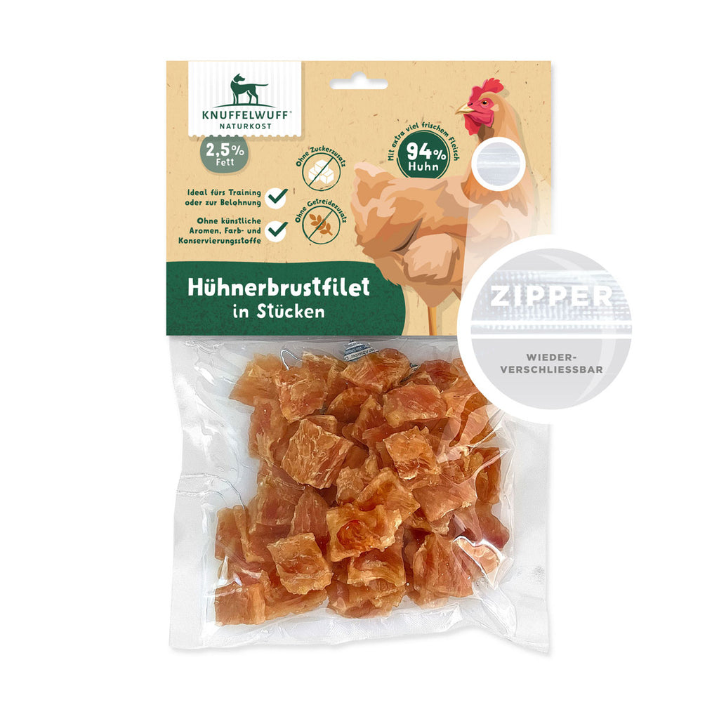 Knuffelwuff Hühnerbrustfilet in Stückchen - Premium Hundesnack aus fast 100% Hähnchenfleisch, 250g