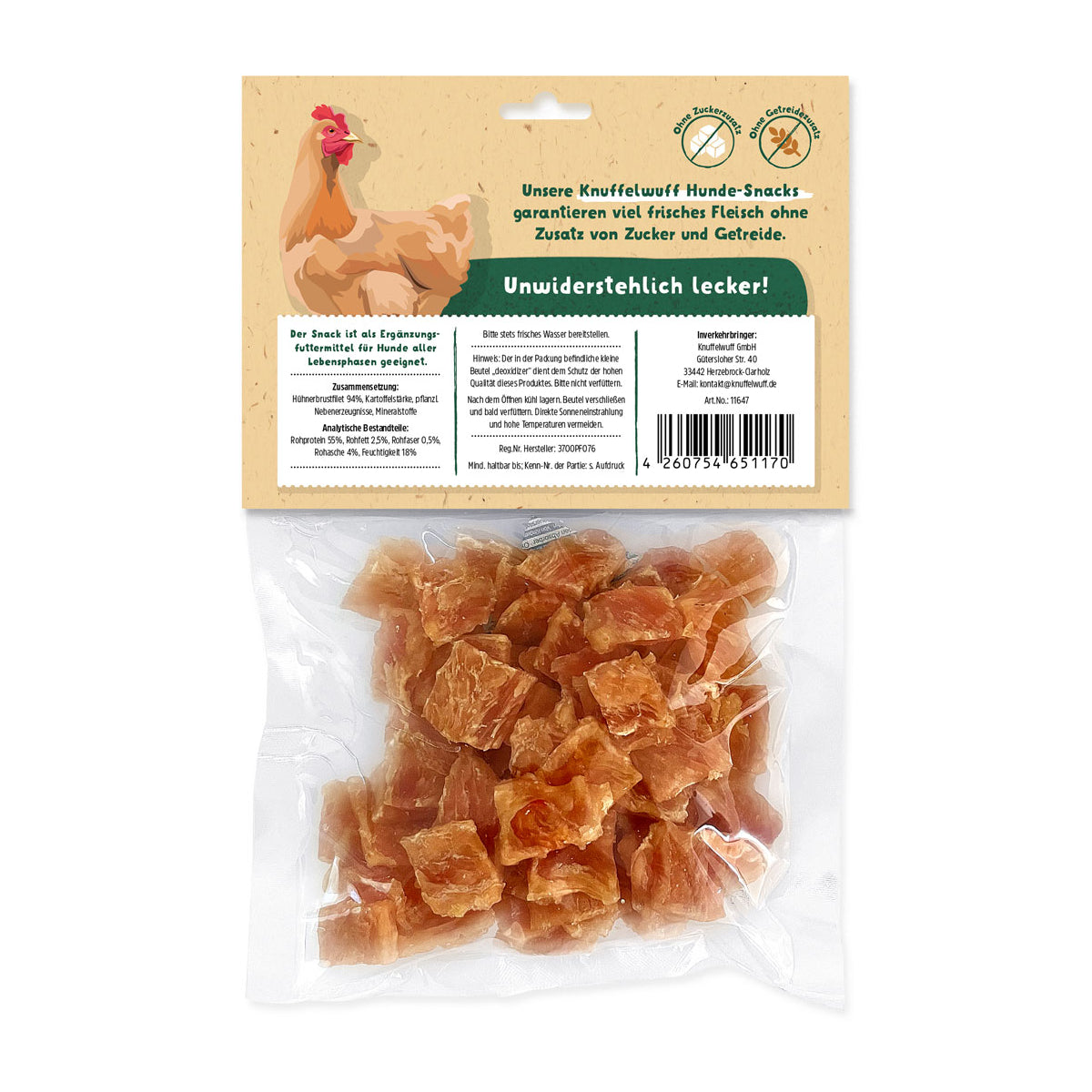 Knuffelwuff Hühnerbrustfilet in Stückchen - Premium Hundesnack aus fast 100% Hähnchenfleisch, 250g