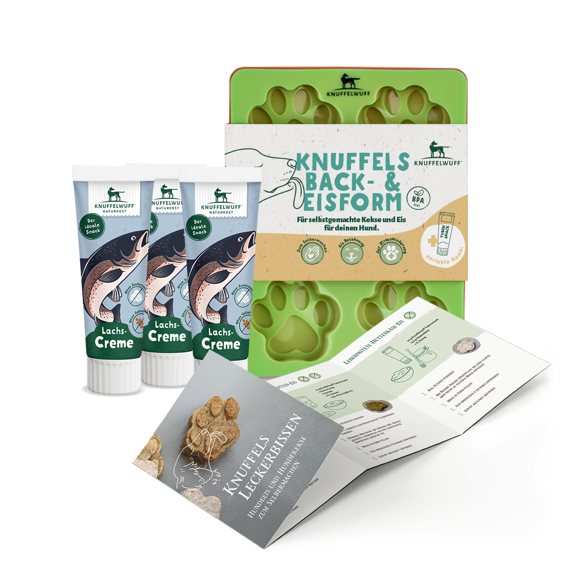 Knuffelwuff Hundekekse und Hundeeis Set mit Silikonform, Rezepten und Tubensnack