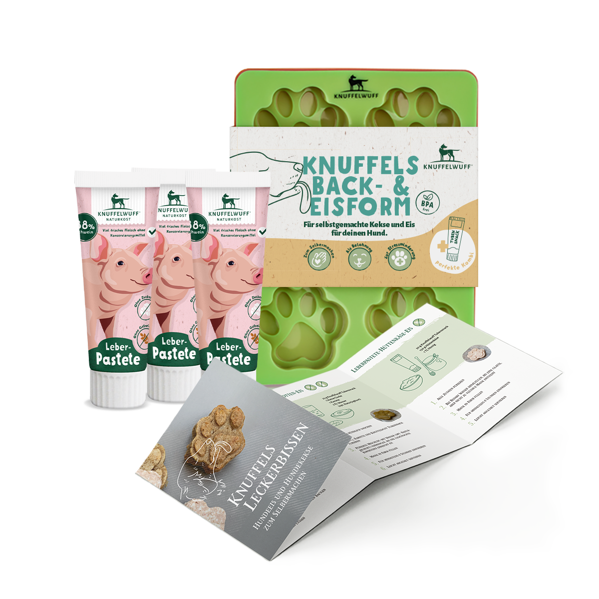 Knuffelwuff Hundekekse und Hundeeis Set mit Silikonform, Rezepten und Tubensnack