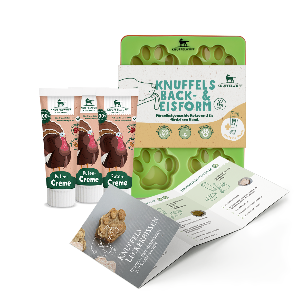 Knuffelwuff Hundekekse und Hundeeis Set mit Silikonform, Rezepten und Tubensnack