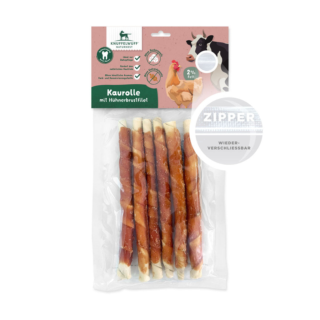 Knuffelwuff Kaurolle mit Hühnerbrustfilet ca. 28cm - Premium Rinderrohhaut und Hähnchenfleisch, 480g